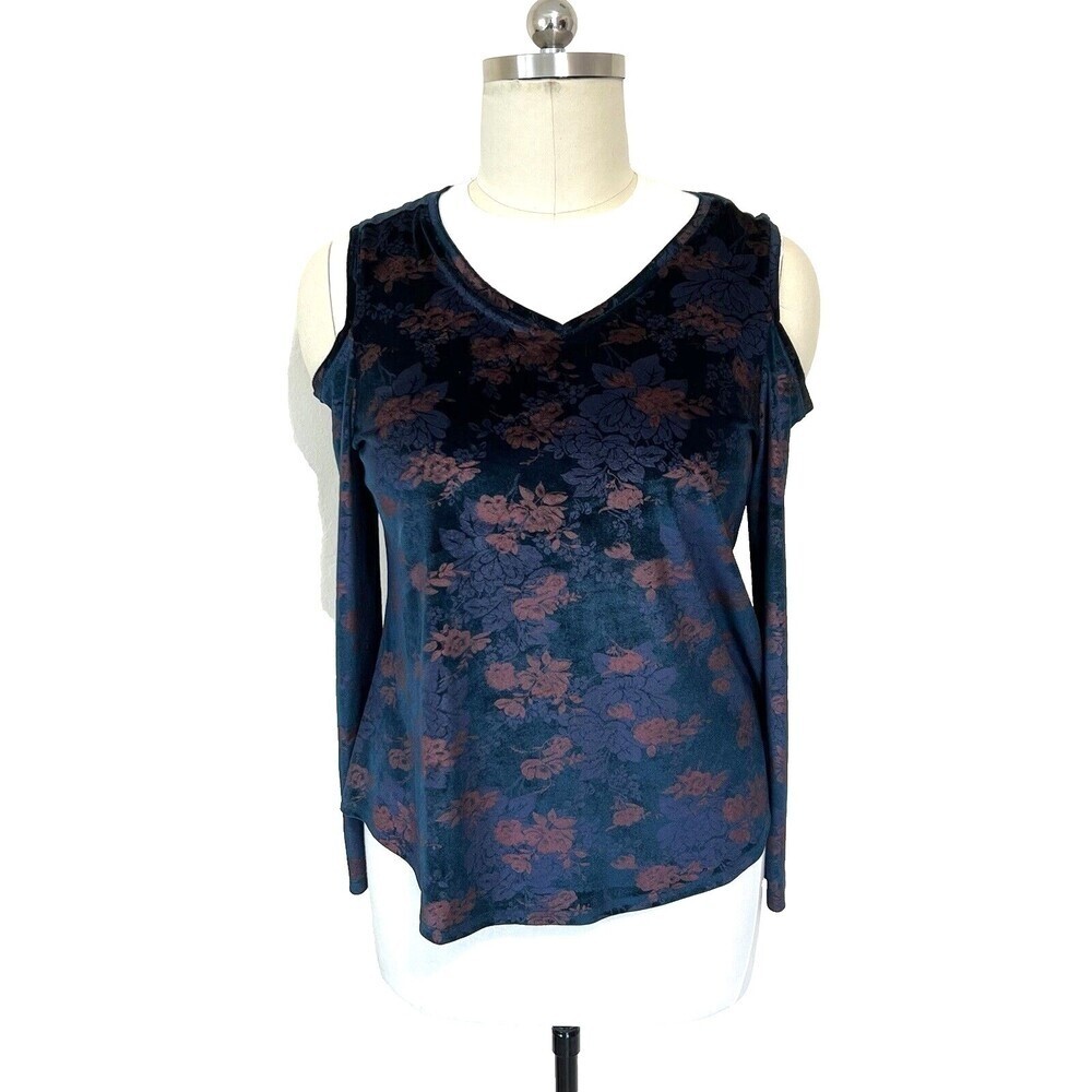 DG2 - NWOT Dark Teal Velvet with Rust Red Print Long Sleeve Cld Shoulder Top XL
